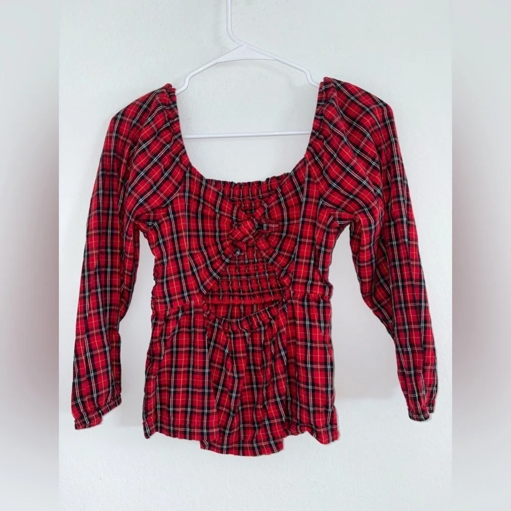Plaid Red Long-Sleeve Smocked Plaid Cutout Bow Top Girls